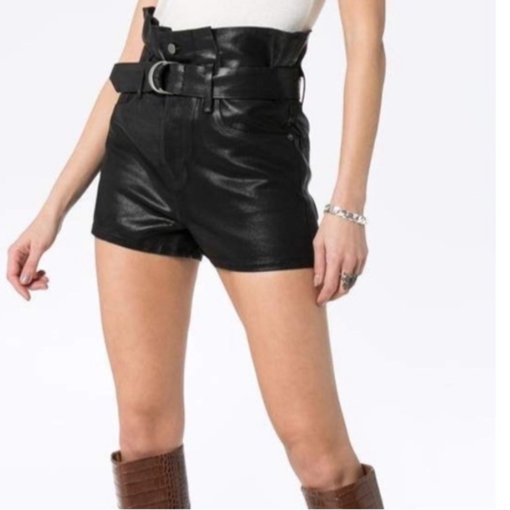 Imaan X Frame Denim Black High Waist Noir Coated Shorts